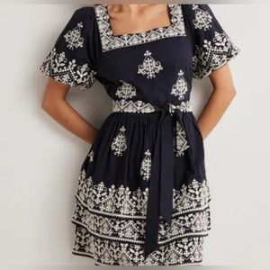BODEN Navy White Embroidered Tiered RARA Square Neck Dress